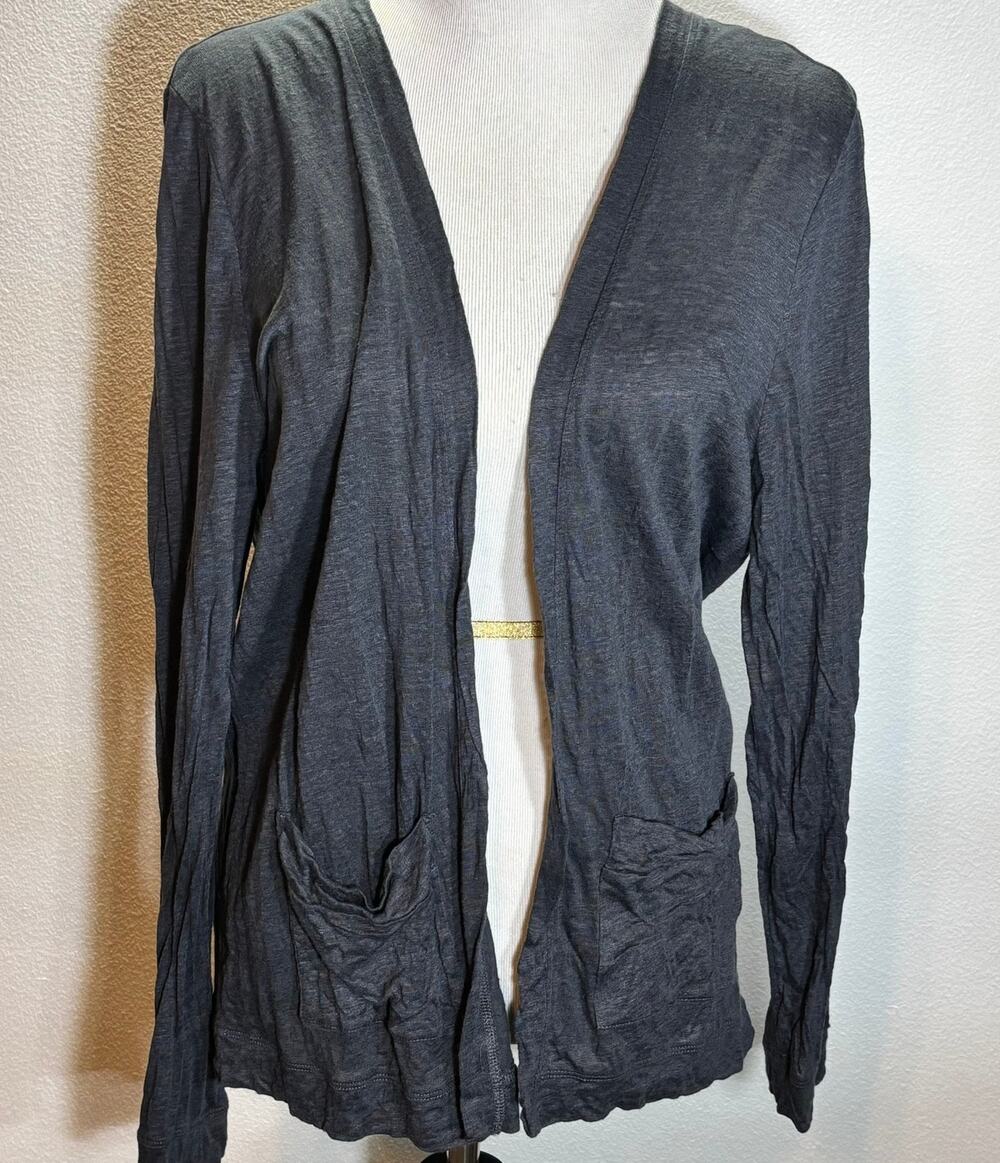 Ann Taylor LOFT Linen Cardigan Blue Open Front Pocket Sweater Womens L
